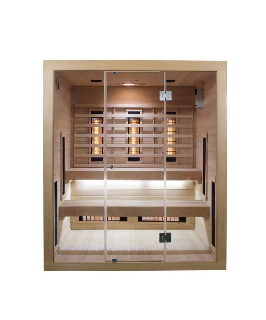 SaunaMed Vollspektrum-Infrarotsauna für 6 Personen – Indoor-Heimsauna, EMF-arm, Plug & Play, Bluetooth