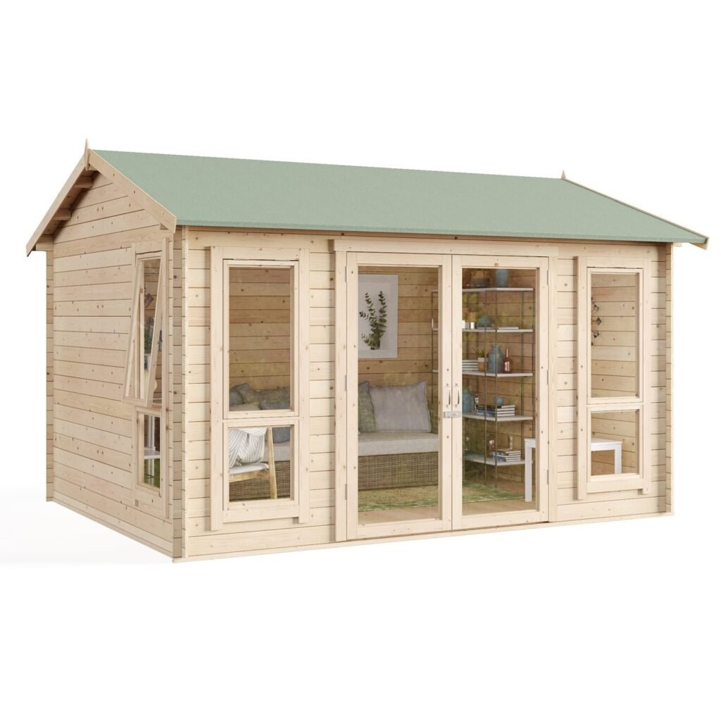 BillyOh Darcy 12×10 Blockhaus-Gartenhaus mit 19 mm Wandbohlen, modernem Satteldach, kesseldruckimprägniertem Holz & bruchsicheren Fenstern