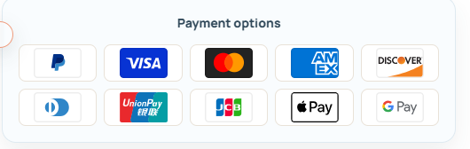 Payment options: PayPal, Visa, Mastercard, American Express, Discover, Diners Club, UnionPay, JCB, Apple Pay, Google Pay